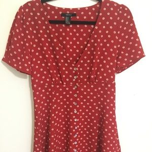 Red and white floral empire waist mini dress